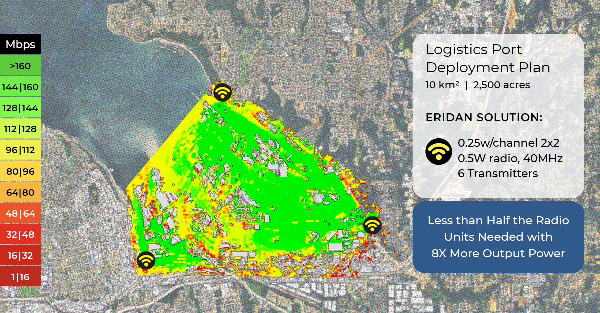 Logistics port deployment plan heat map. Eridan's radio covers more distance with half the radio units.